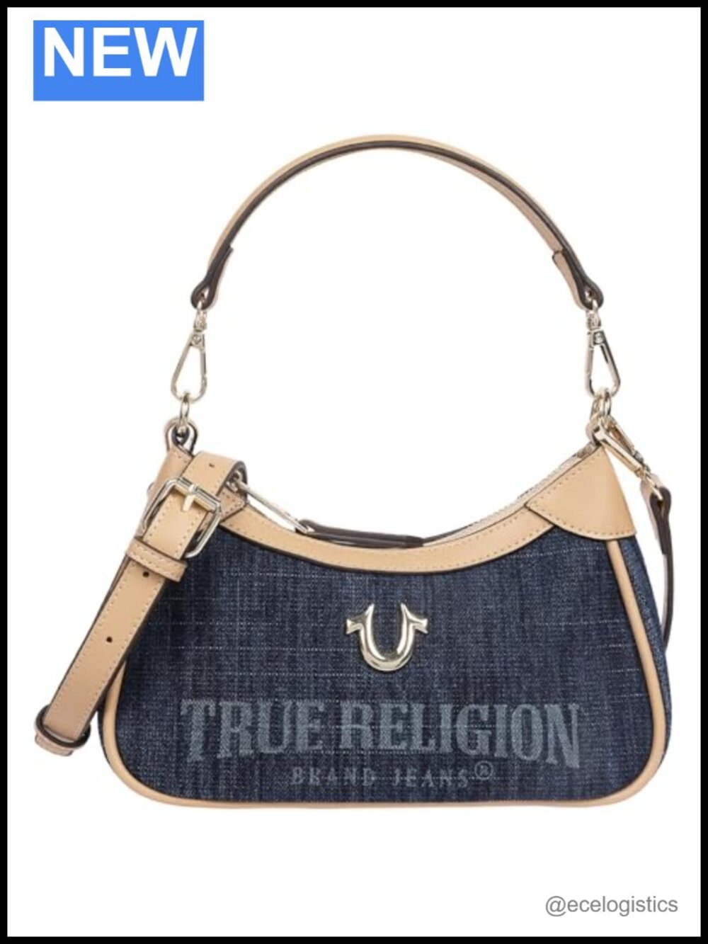 True Religion Logo Mini Shoulder Bag with Detachable Strap, Premium Denim and PU